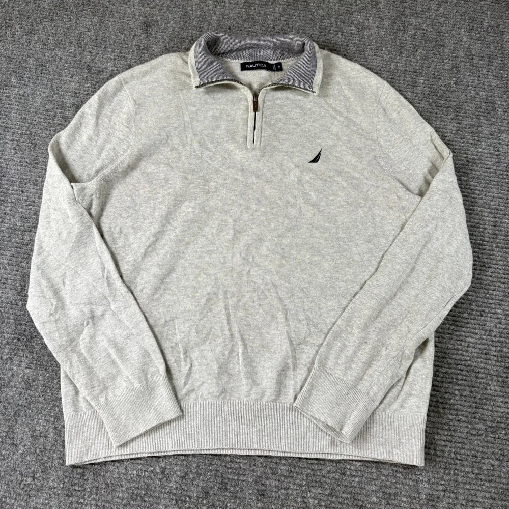 Nautica Mens Medium Heather Gray Quarter Zip Mock Neck Knit Sweater Logo 3930